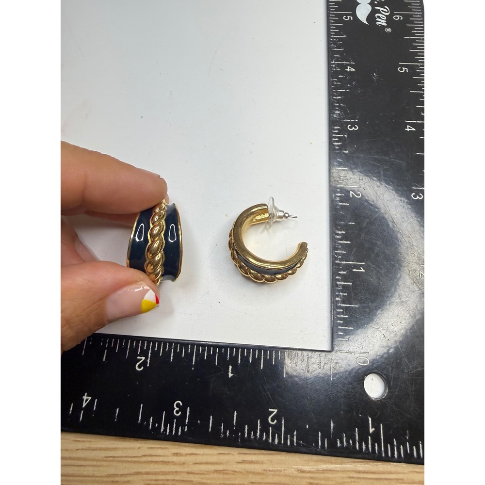 Monet Gold Tone Navy Blue Enamel Twisted Rope Hoop Earrings Post Back